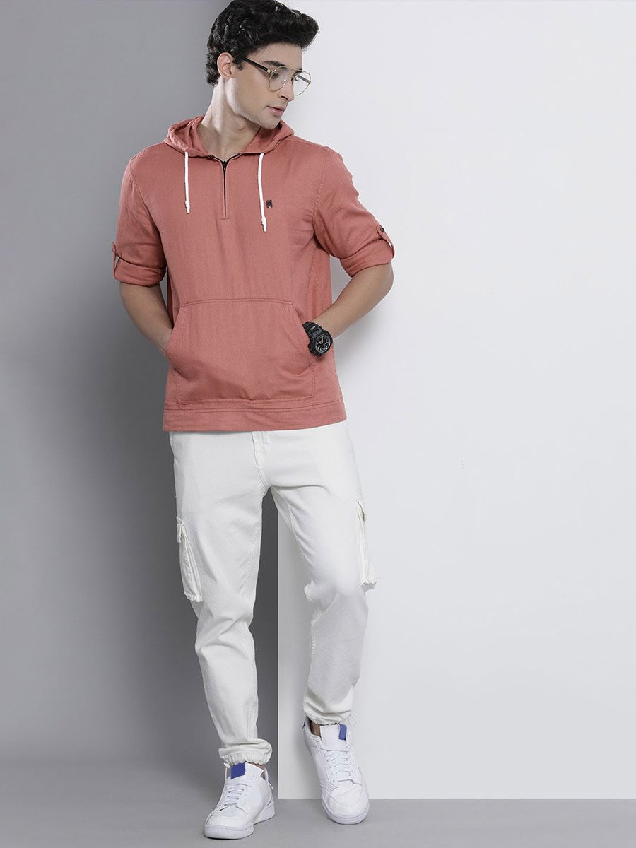 Men Pink Hooded Shirt with Quarter Zip