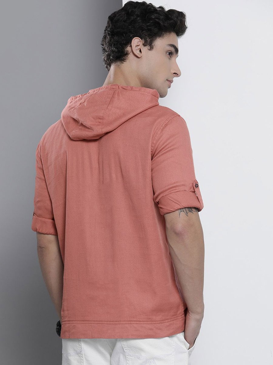 Men Pink Hooded Shirt with Quarter Zip