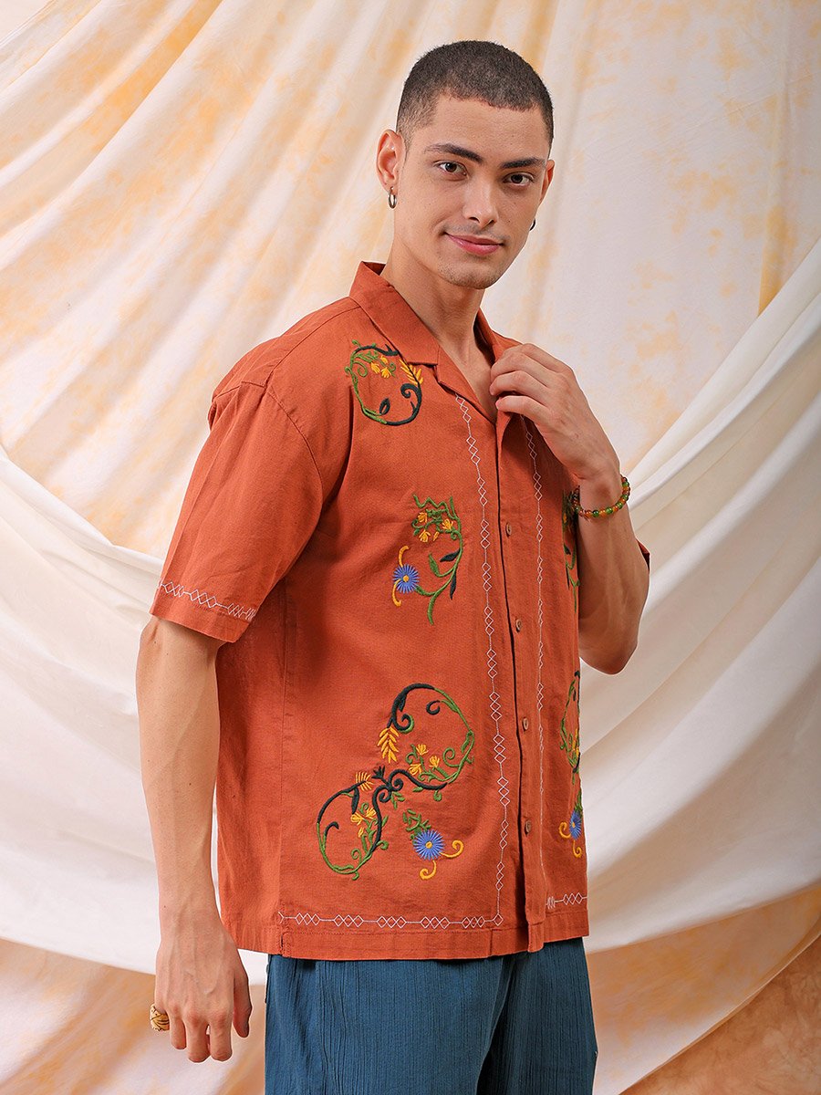Men Rust Embroidered Resort Collar Shirt