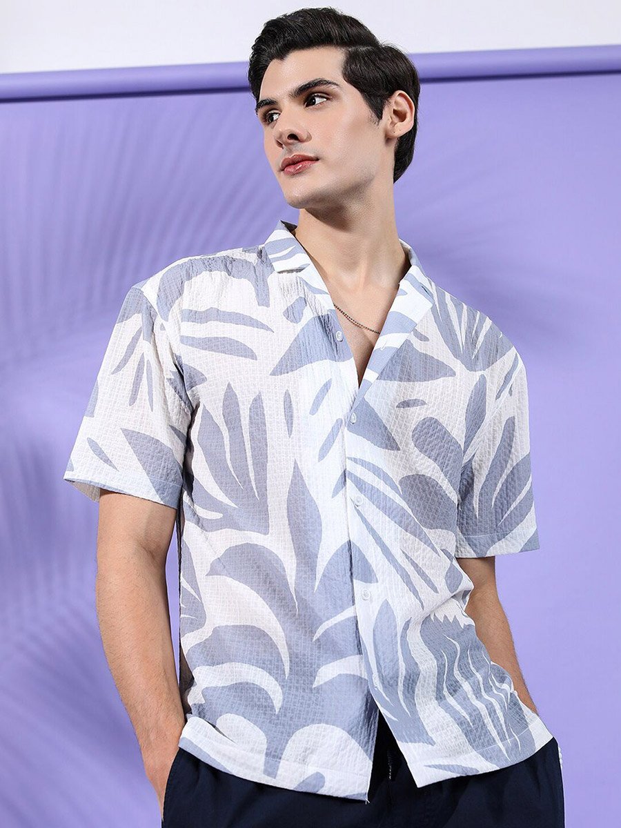 Men Grey Floral Print Relaxed Fit Shirt