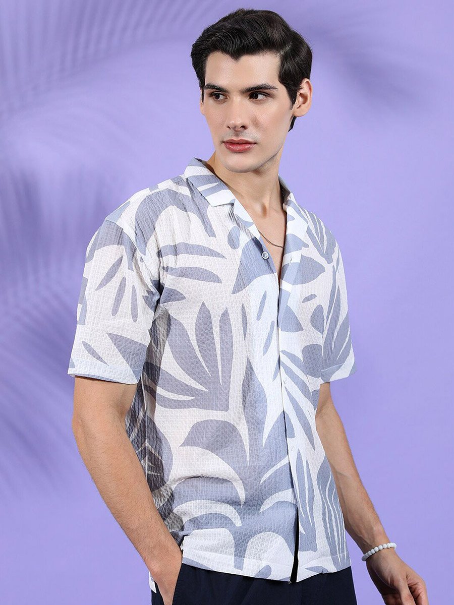 Men Grey Floral Print Relaxed Fit Shirt