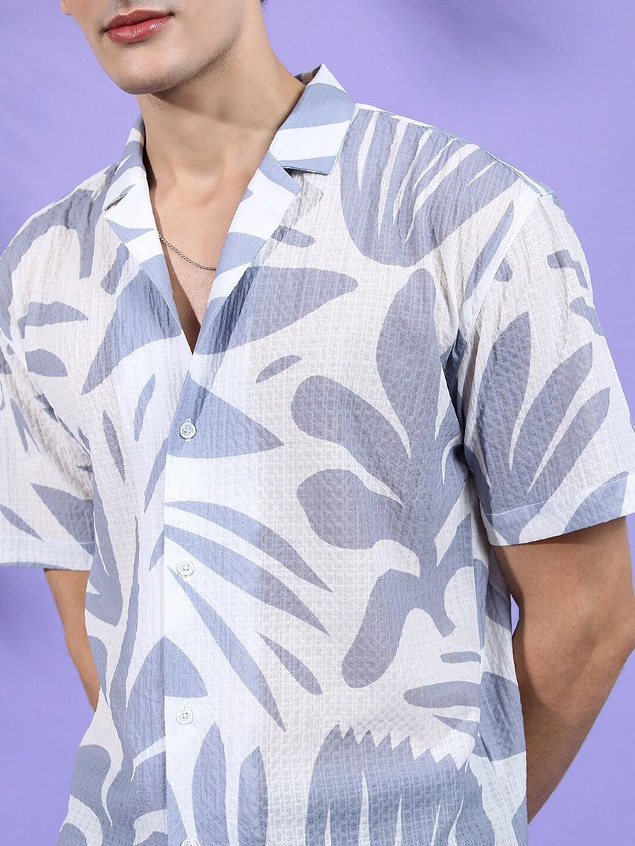 Men Grey Floral Print Relaxed Fit Shirt