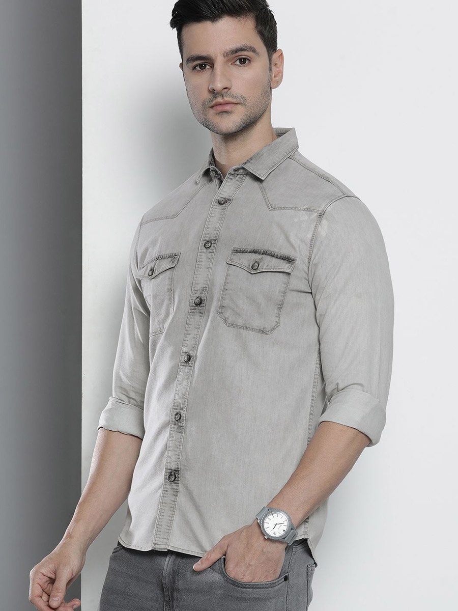 Men Grey Washed Casual Shirt