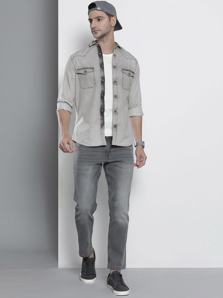 Men Grey Washed Casual Shirt