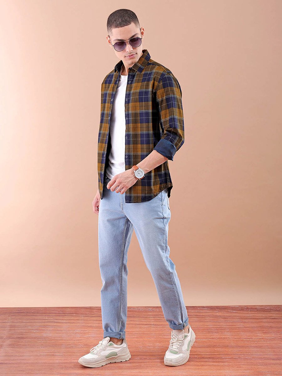 Men Mustard Checked Casual Shirt