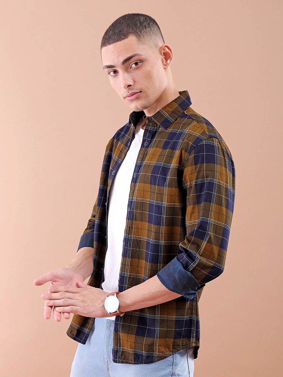 Men Mustard Checked Casual Shirt