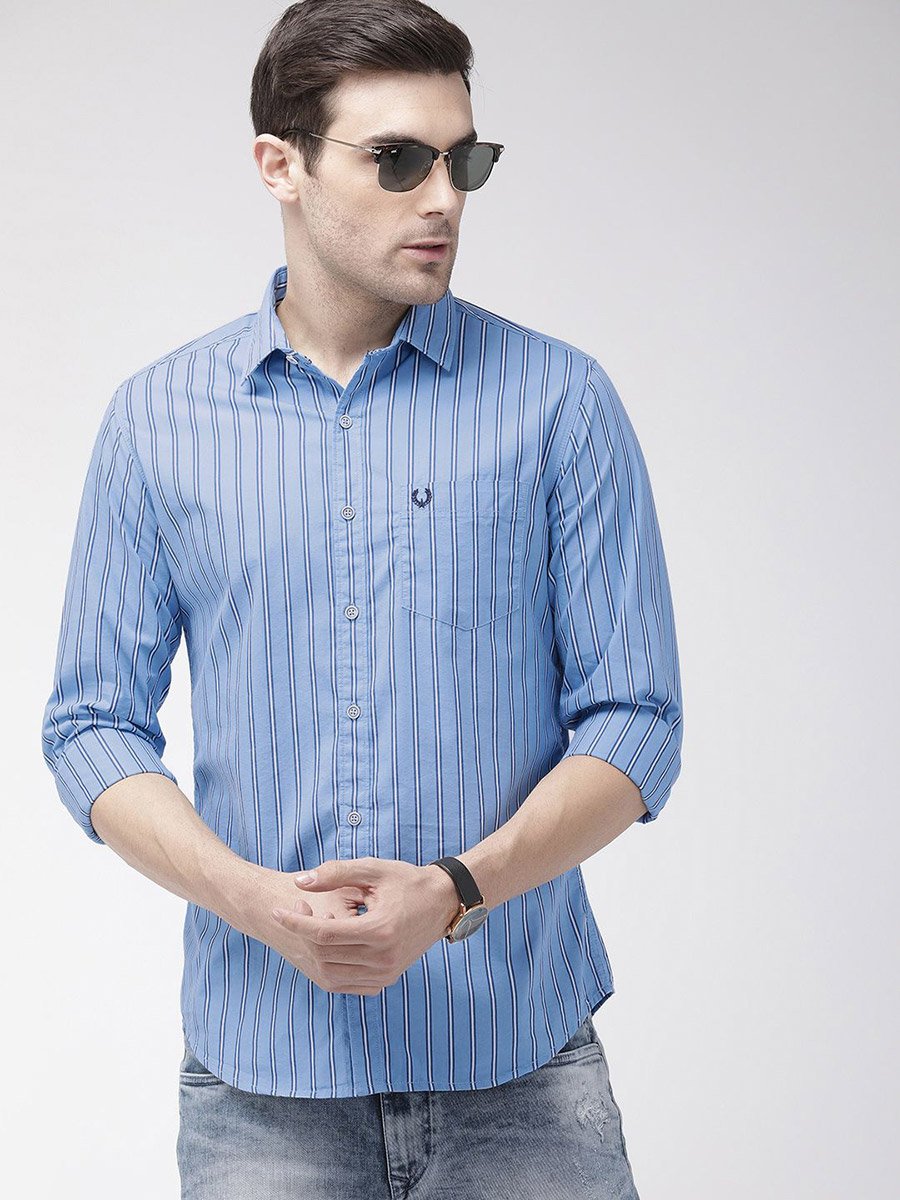 Men Blue Striped Spread Collar Shirt