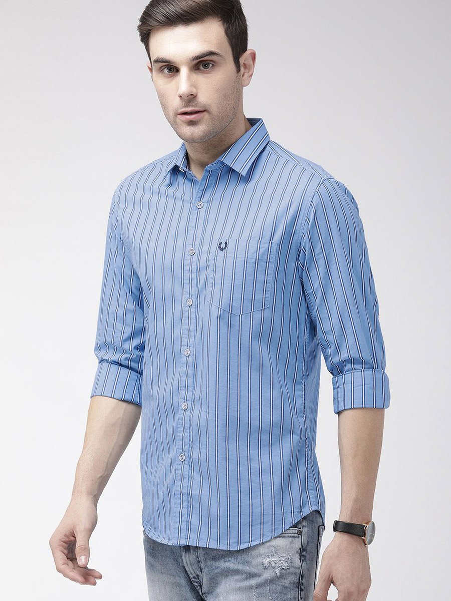 Men Blue Striped Spread Collar Shirt