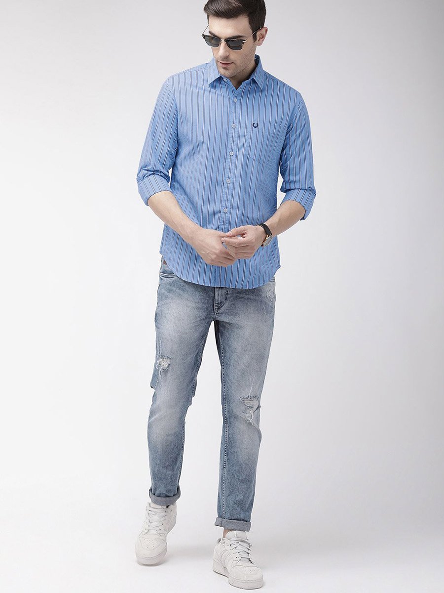 Men Blue Striped Spread Collar Shirt