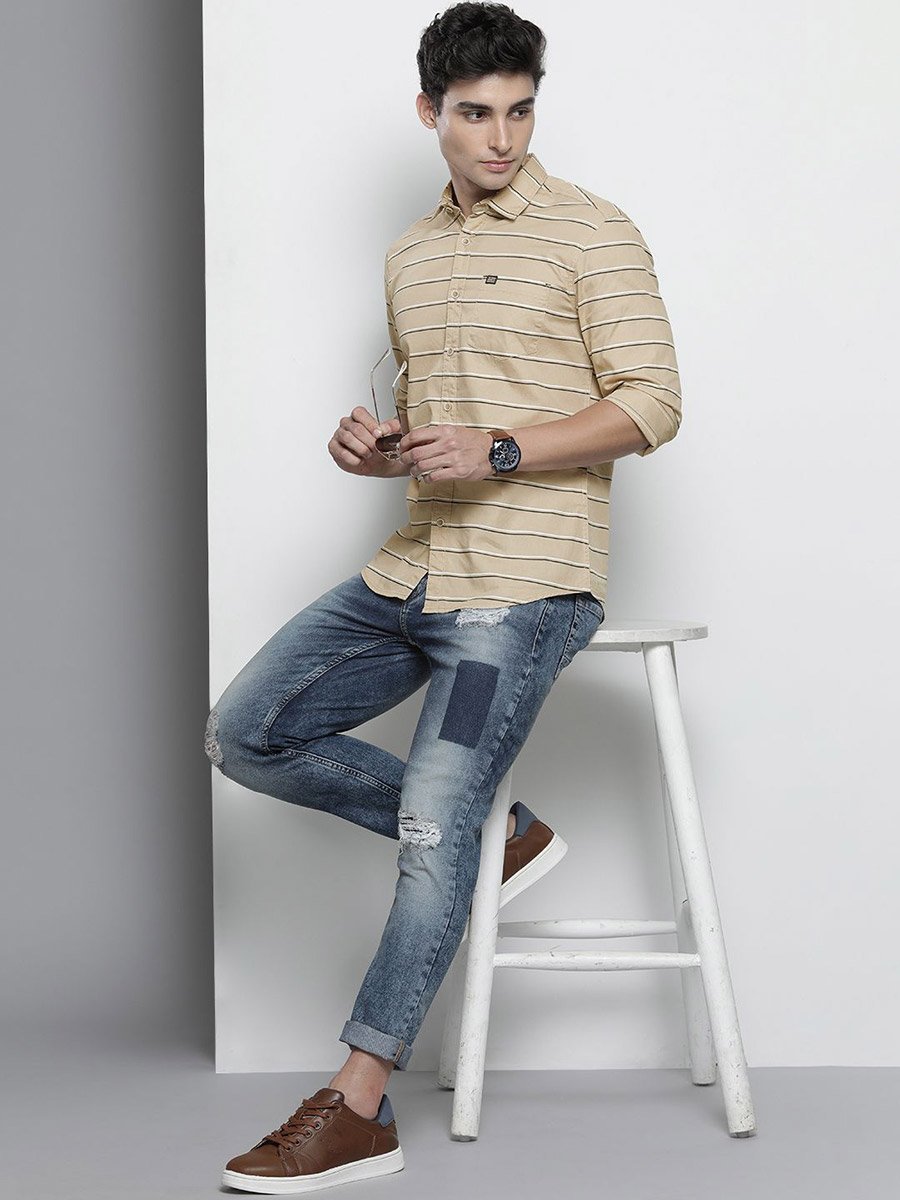 Men Beige Striped Casual Shirt