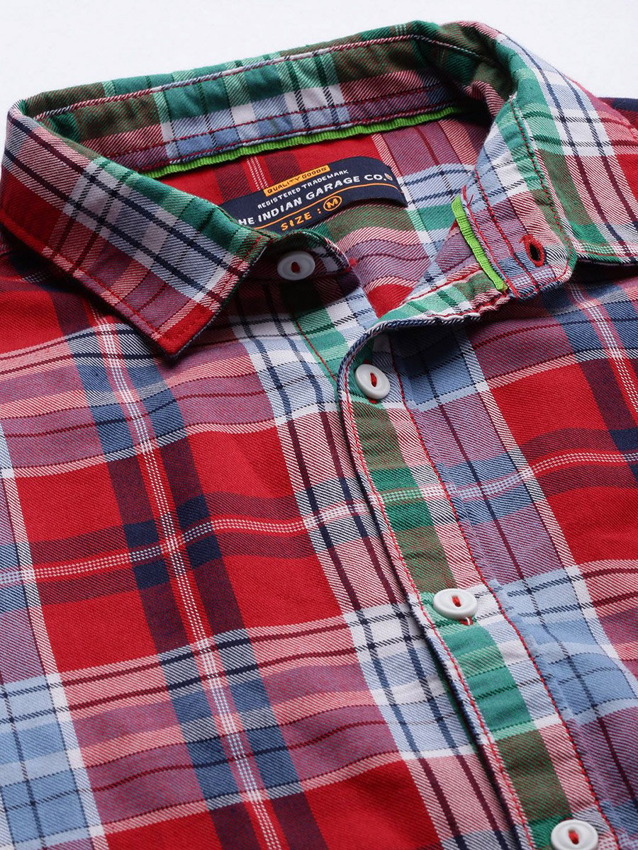 Men Red Checked Slim Fit Casual Shirt