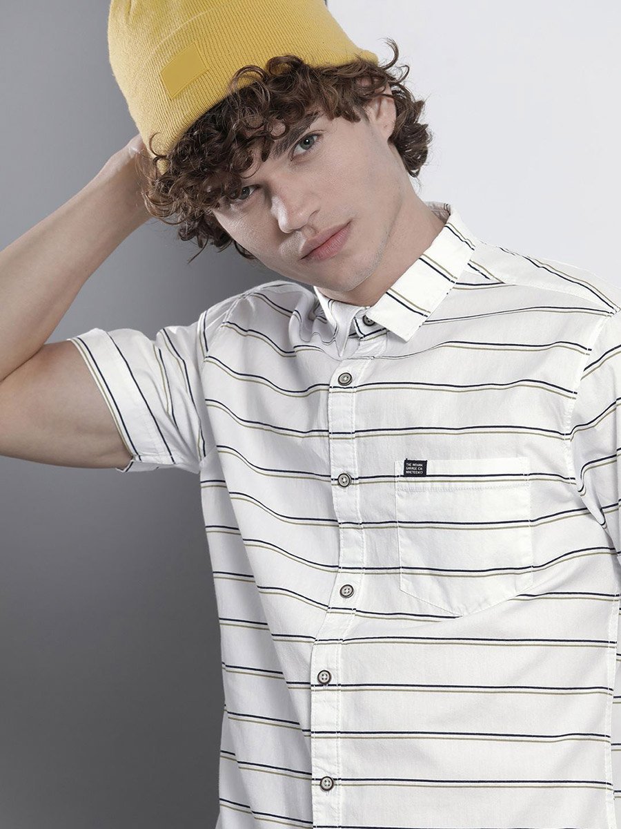 Men White Striped Short Sleeve Shirt