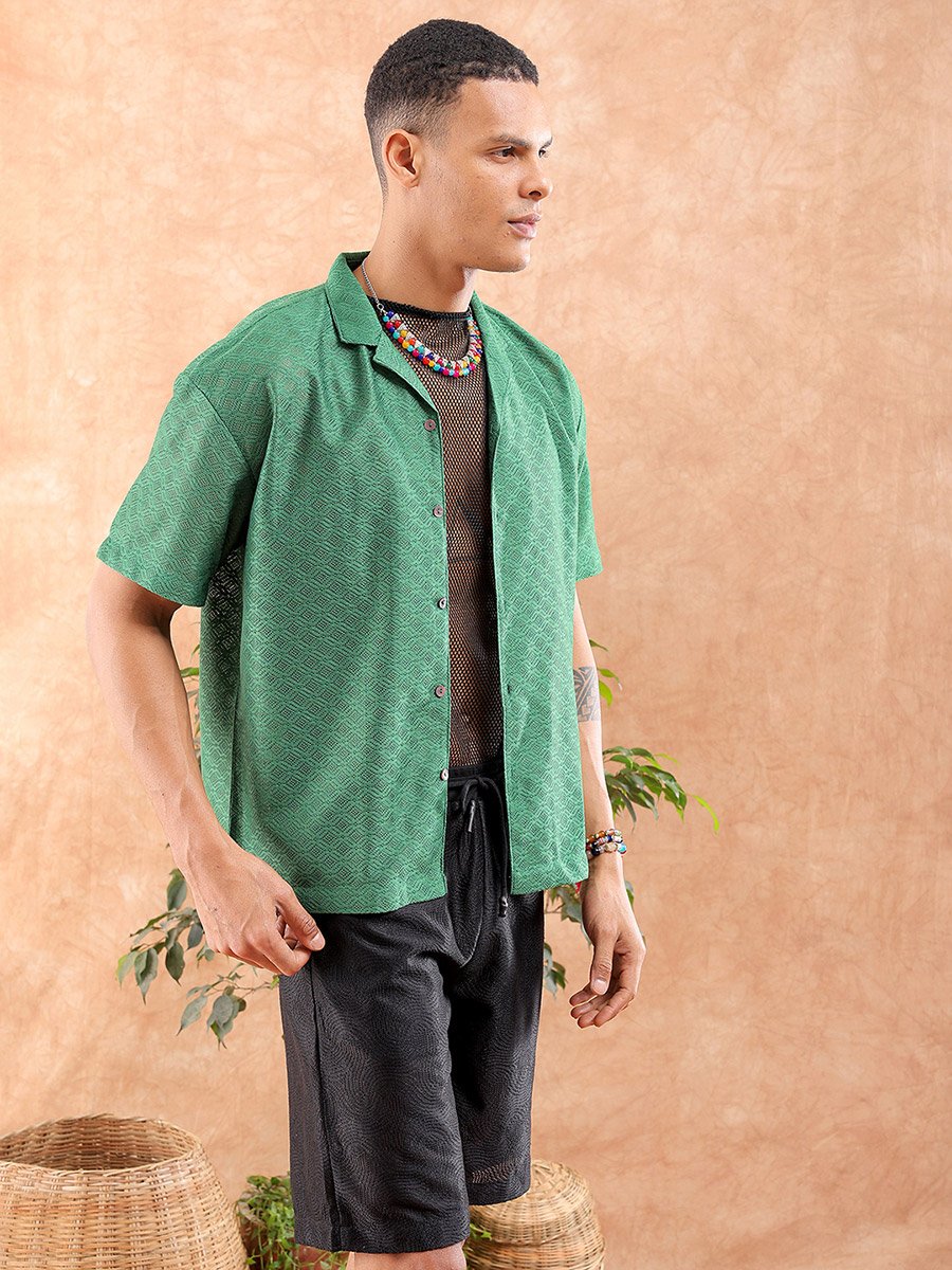Men Green Resort Collar Textured Shirt