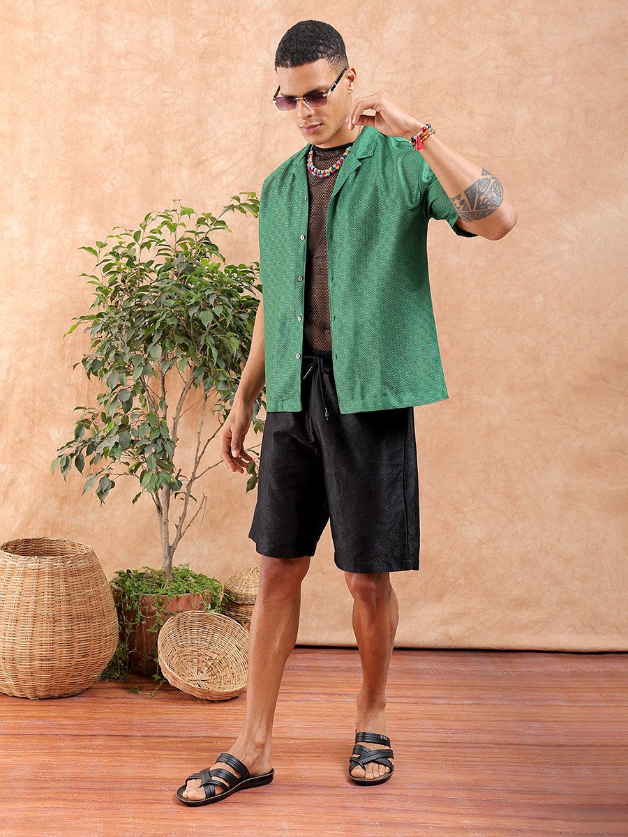 Men Green Resort Collar Textured Shirt