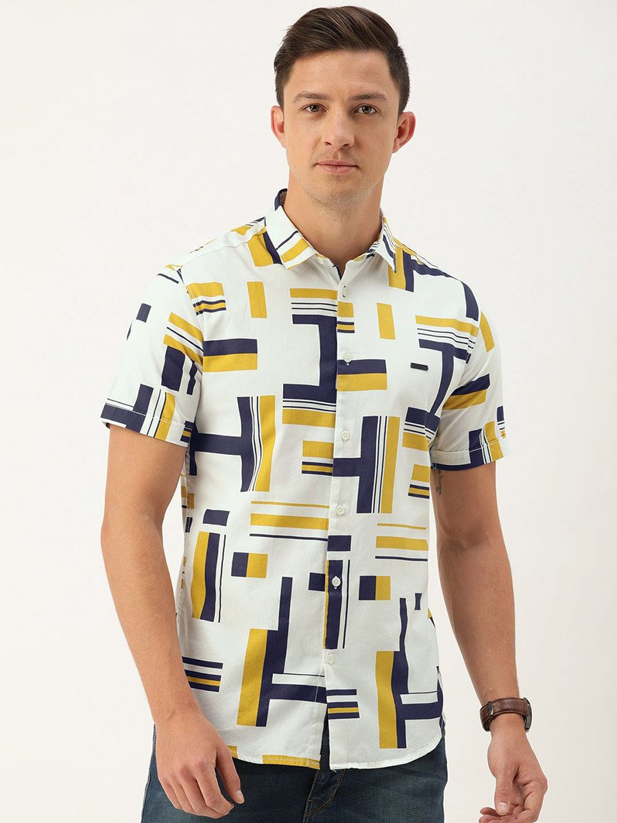 Men White Abstract Print Casual Shirt