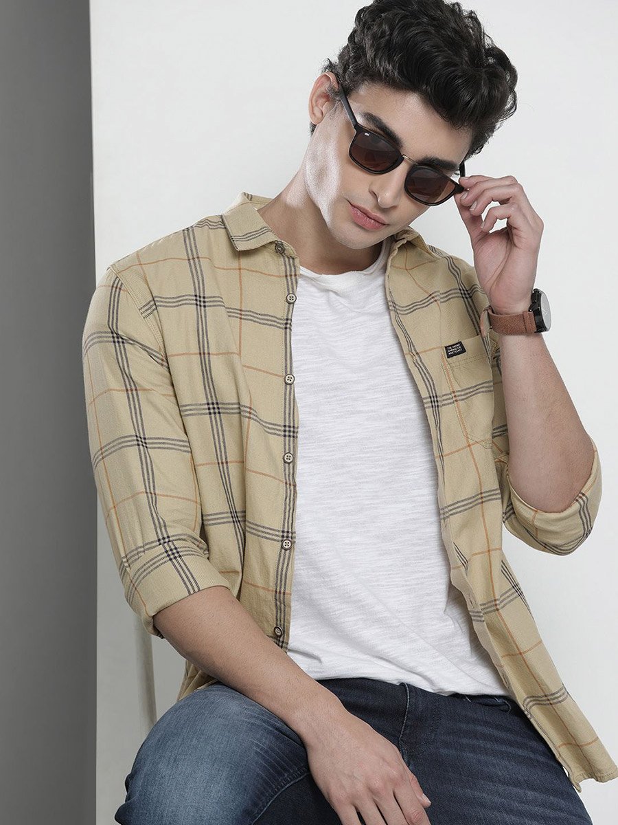 Men Beige Checked Casual Shirt