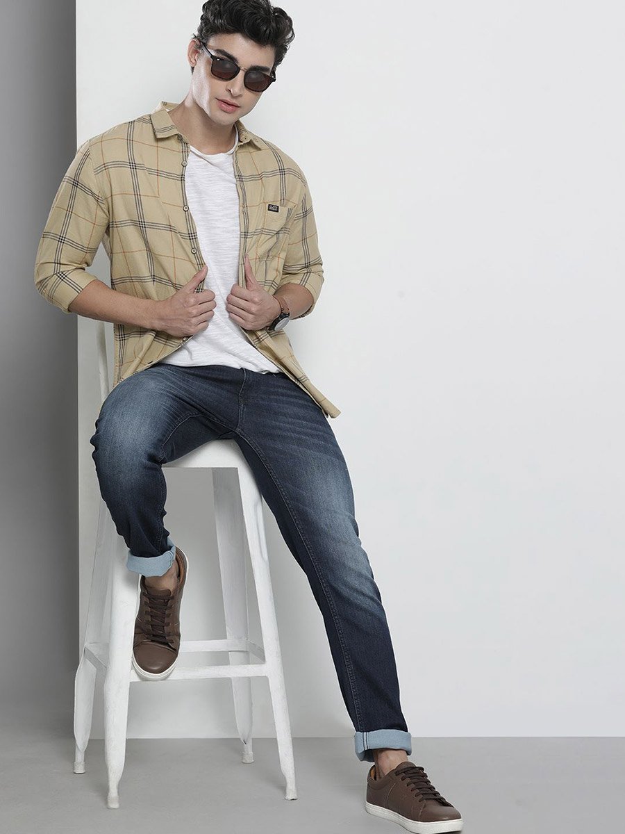 Men Beige Checked Casual Shirt