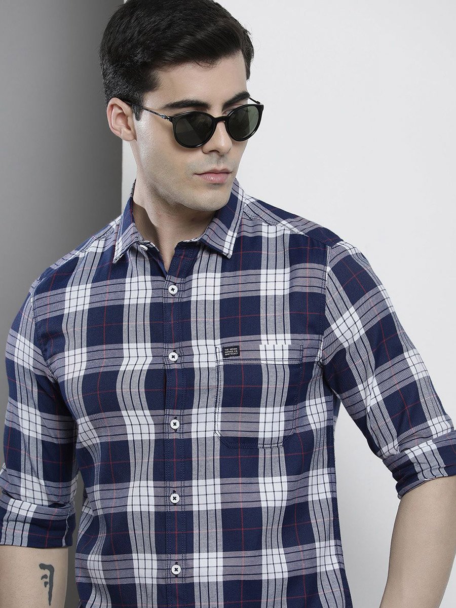 Navy Blue Checked Casual Shirt for Men
