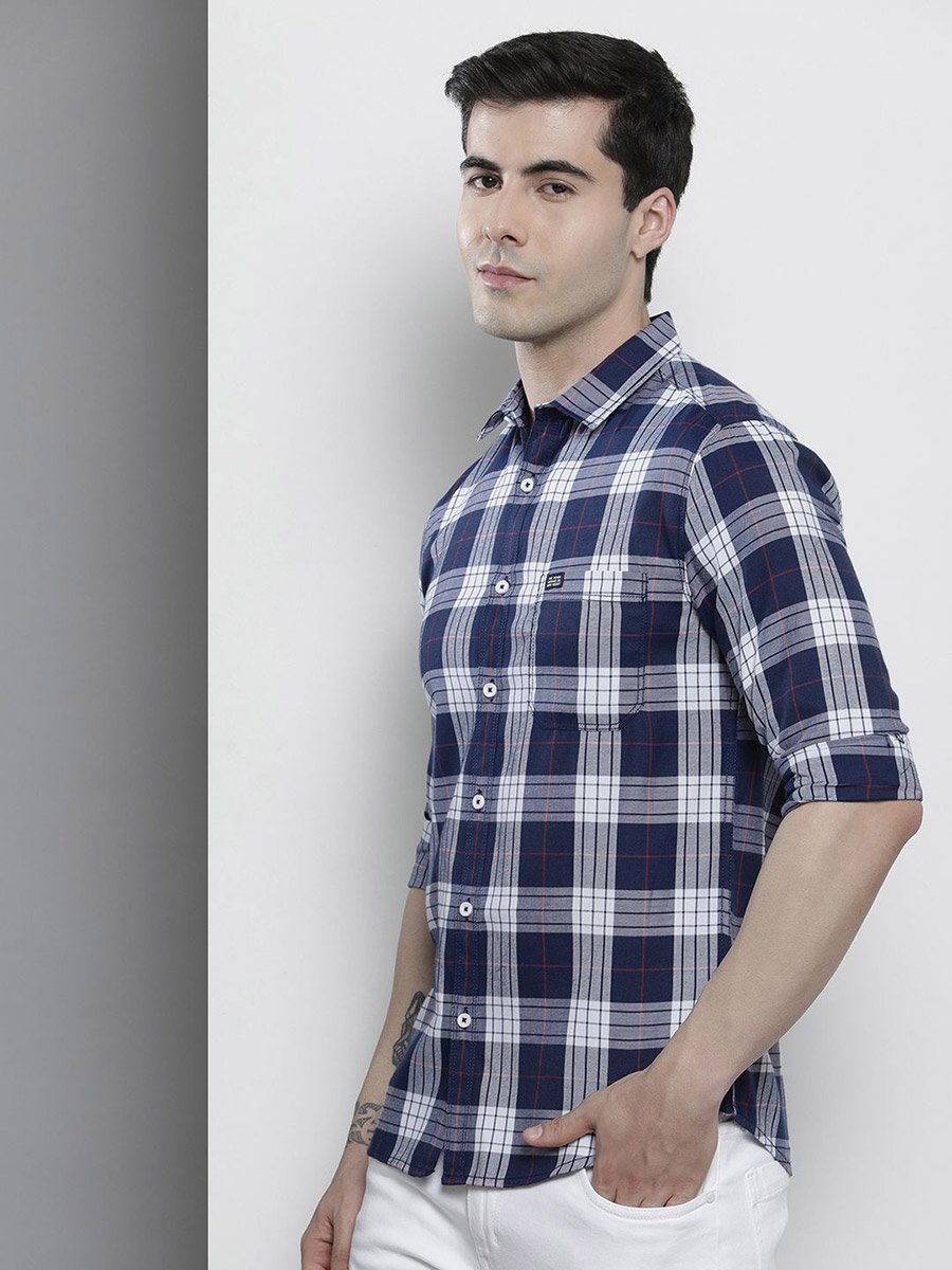 Navy Blue Checked Casual Shirt for Men