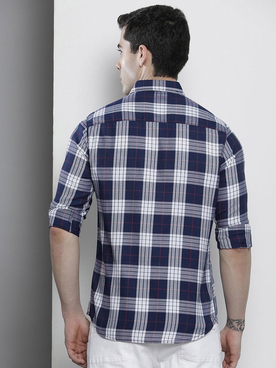 Navy Blue Checked Casual Shirt for Men