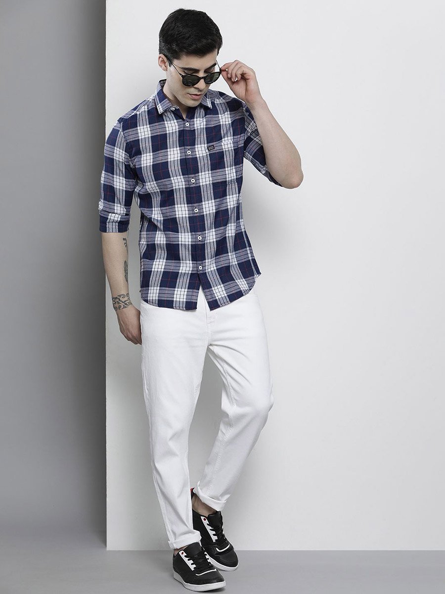 Navy Blue Checked Casual Shirt for Men