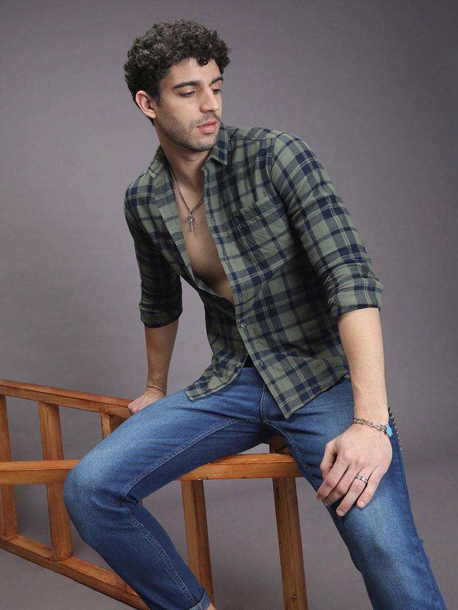Men Olive Checked Slim Fit Shirt