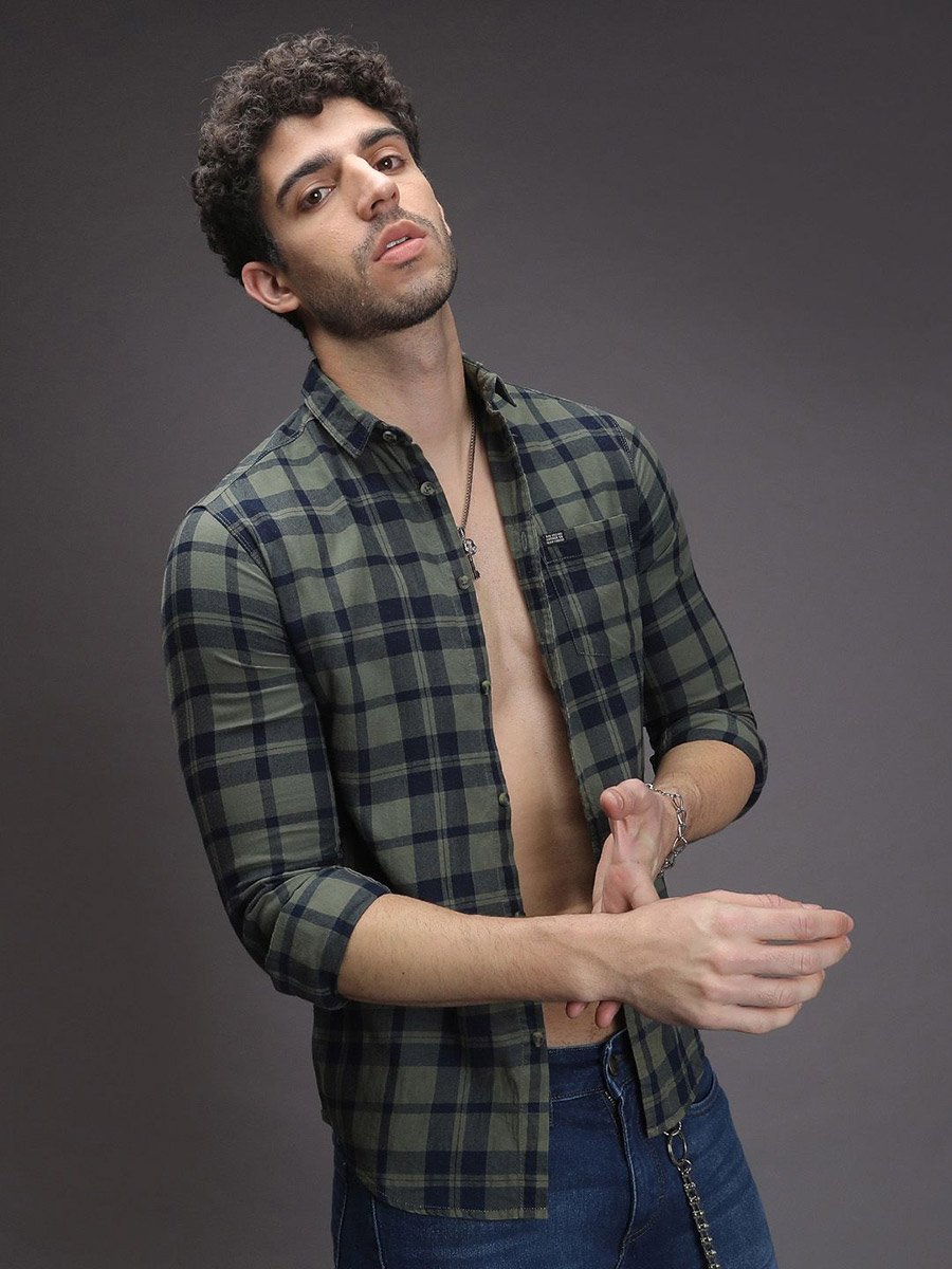 Men Olive Checked Slim Fit Shirt