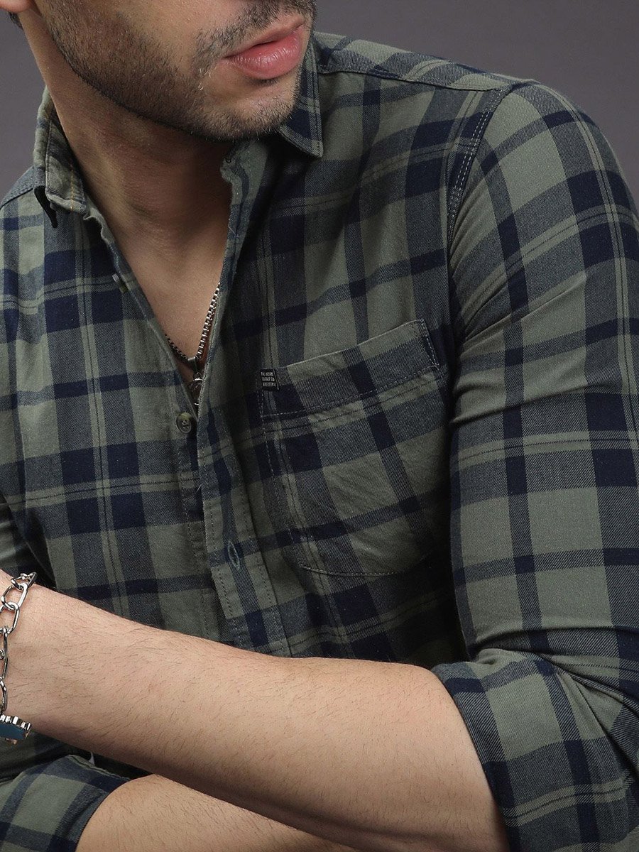 Men Olive Checked Slim Fit Shirt