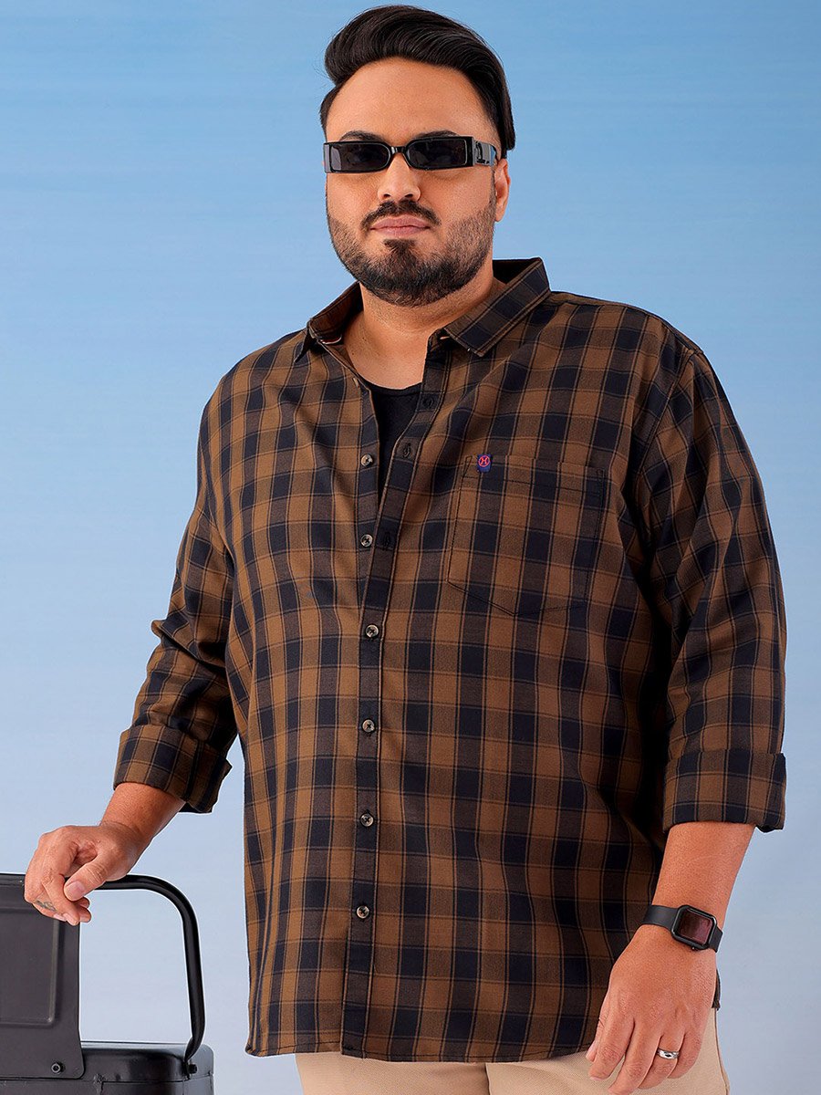 Plus Size Brown Checked Cotton Blend Shirt