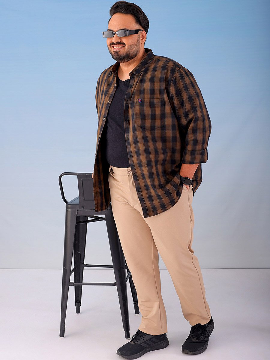 Plus Size Brown Checked Cotton Blend Shirt