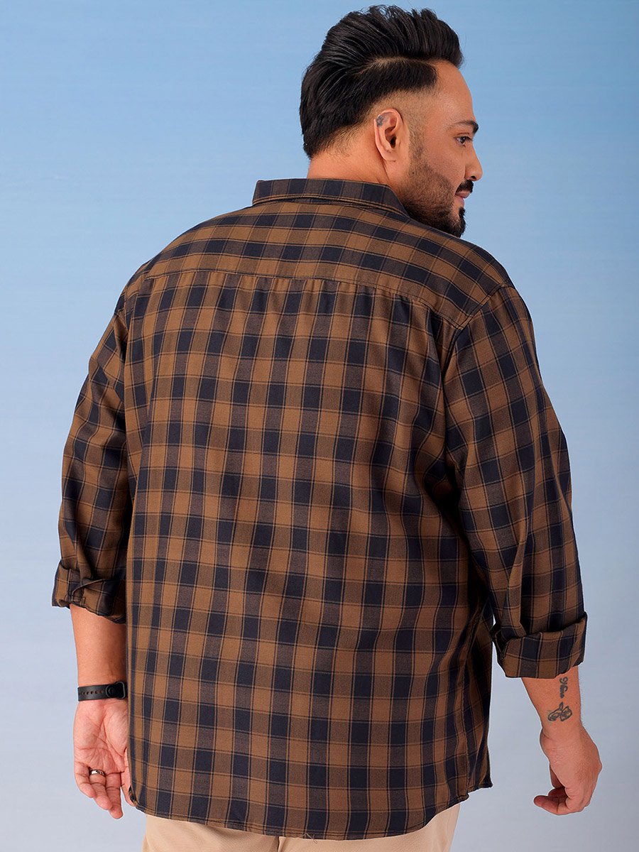 Plus Size Brown Checked Cotton Blend Shirt