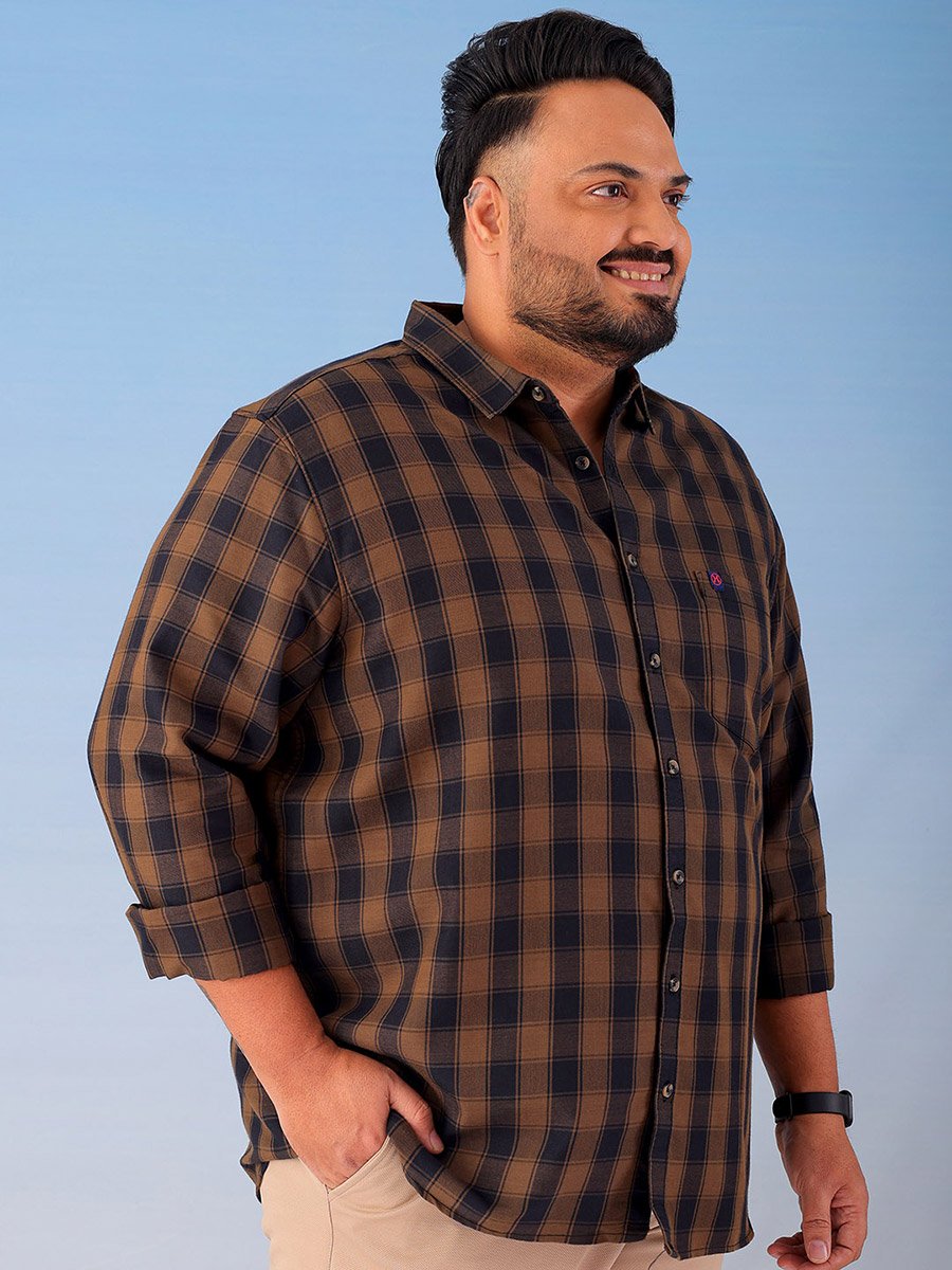 Plus Size Brown Checked Cotton Blend Shirt