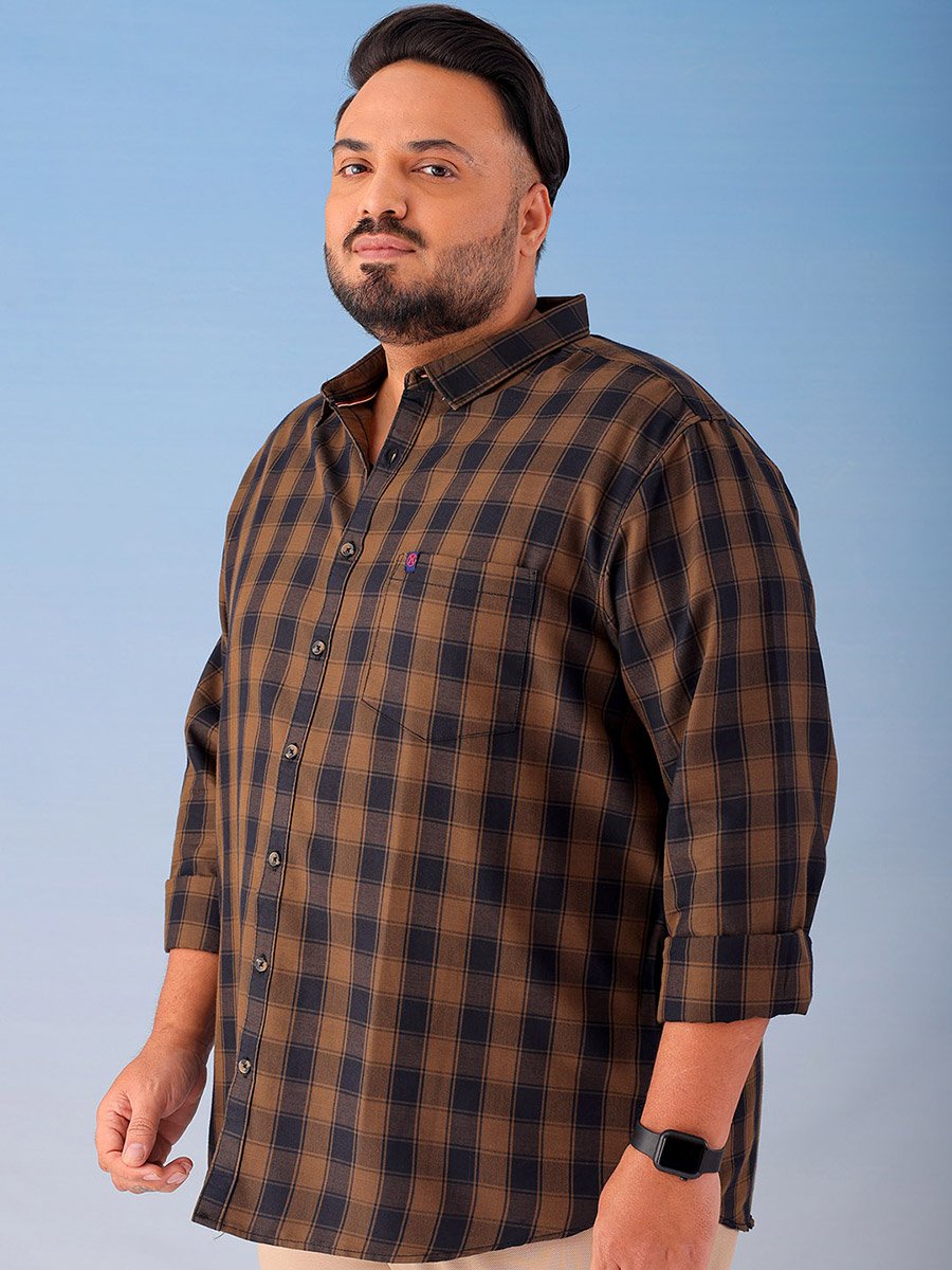 Plus Size Brown Checked Cotton Blend Shirt