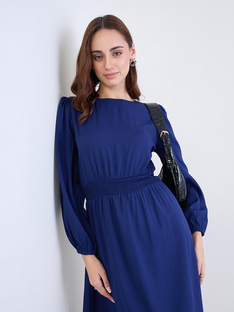 Navy Blue Midi Dress with Long Sleeves For Women at Saudi | Styli