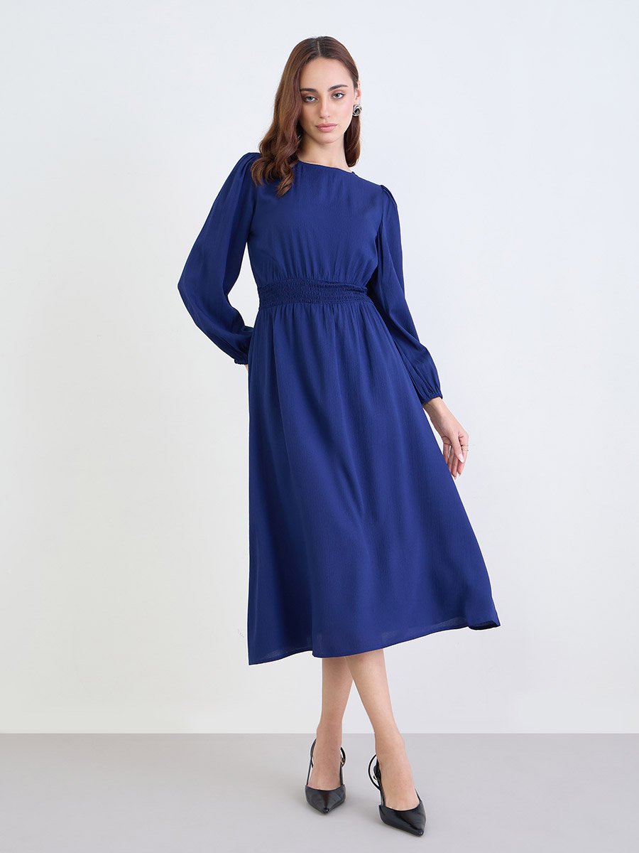 Navy Blue Midi Dress with Long Sleeves For Women at Saudi | Styli
