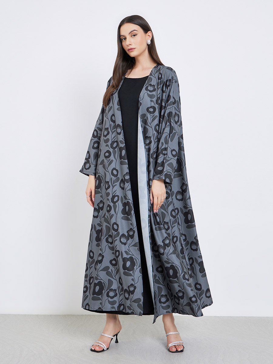 Floral Print Open Front Abaya