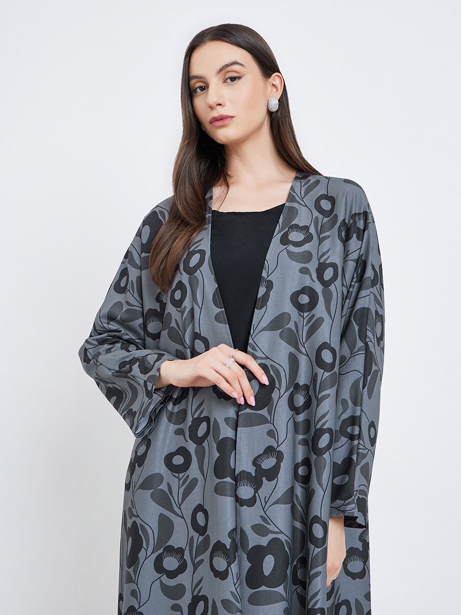 Floral Print Open Front Abaya