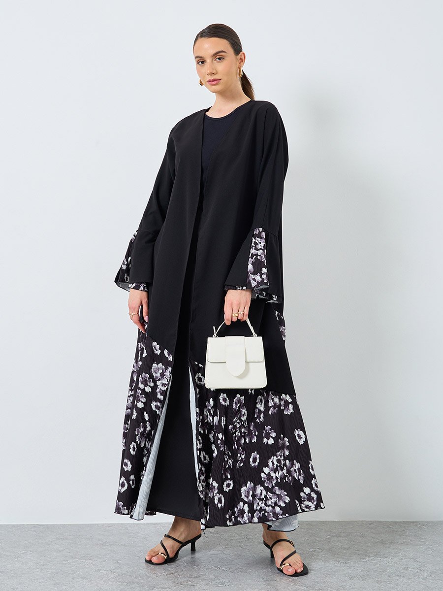 Floral Print Open Front Abaya