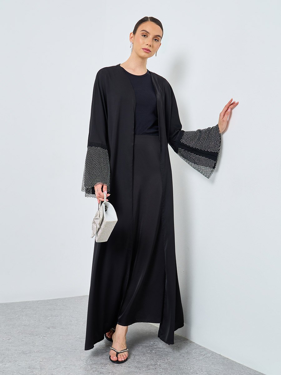 Mesh Insert Sleeve Open Front Abaya