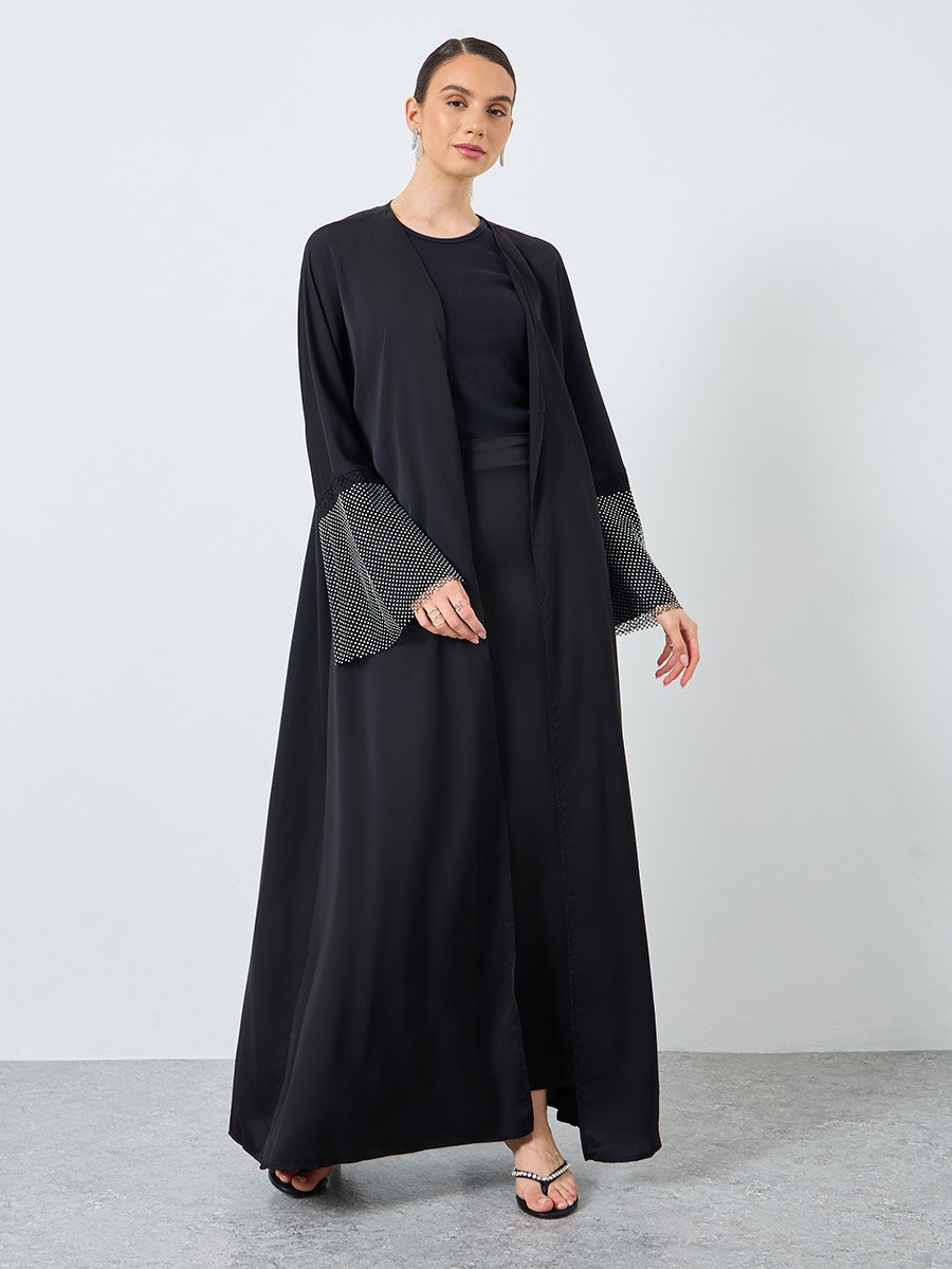 Mesh Insert Sleeve Open Front Abaya