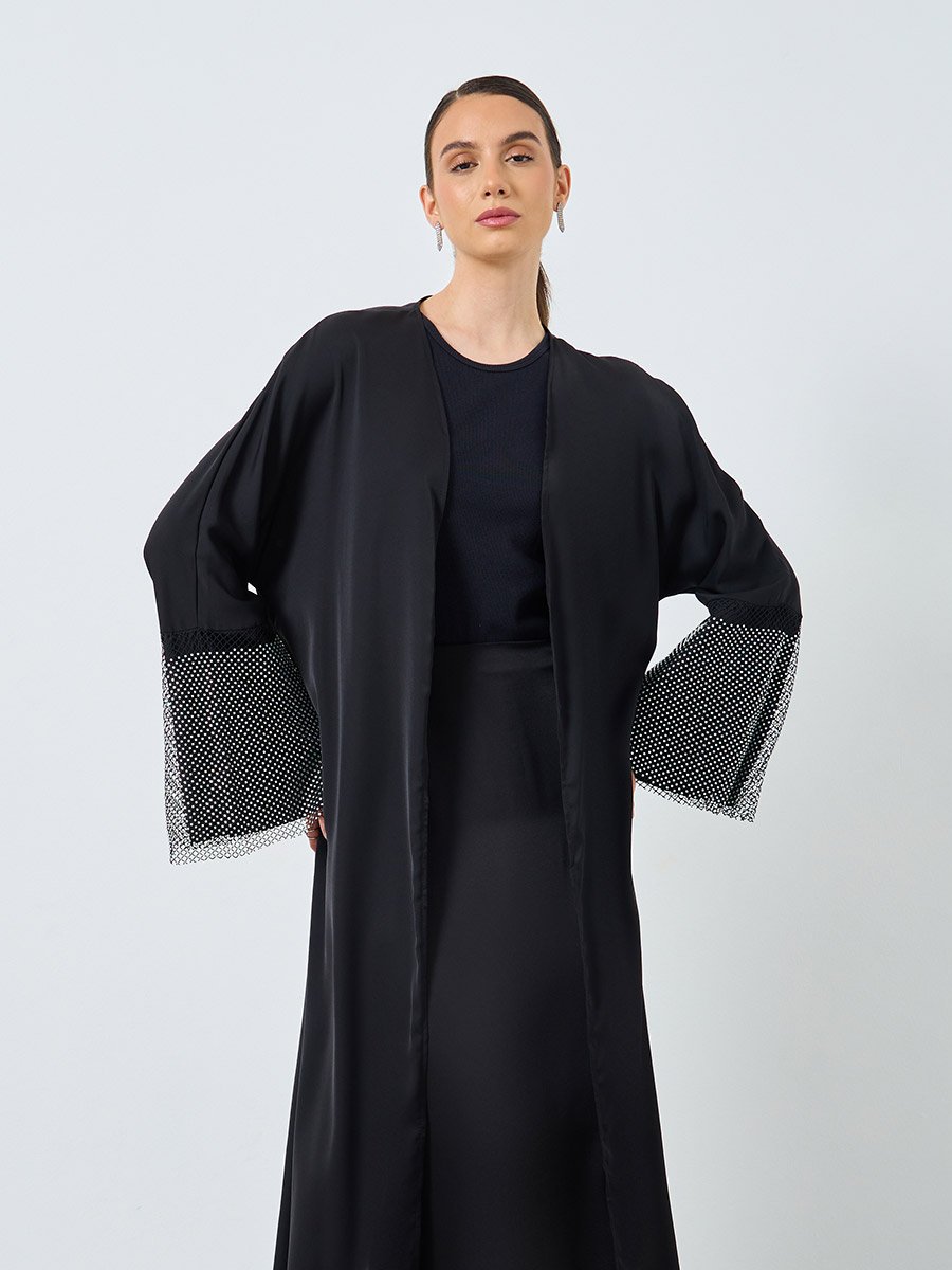 Mesh Insert Sleeve Open Front Abaya