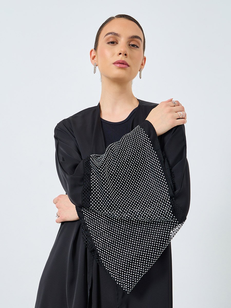 Mesh Insert Sleeve Open Front Abaya