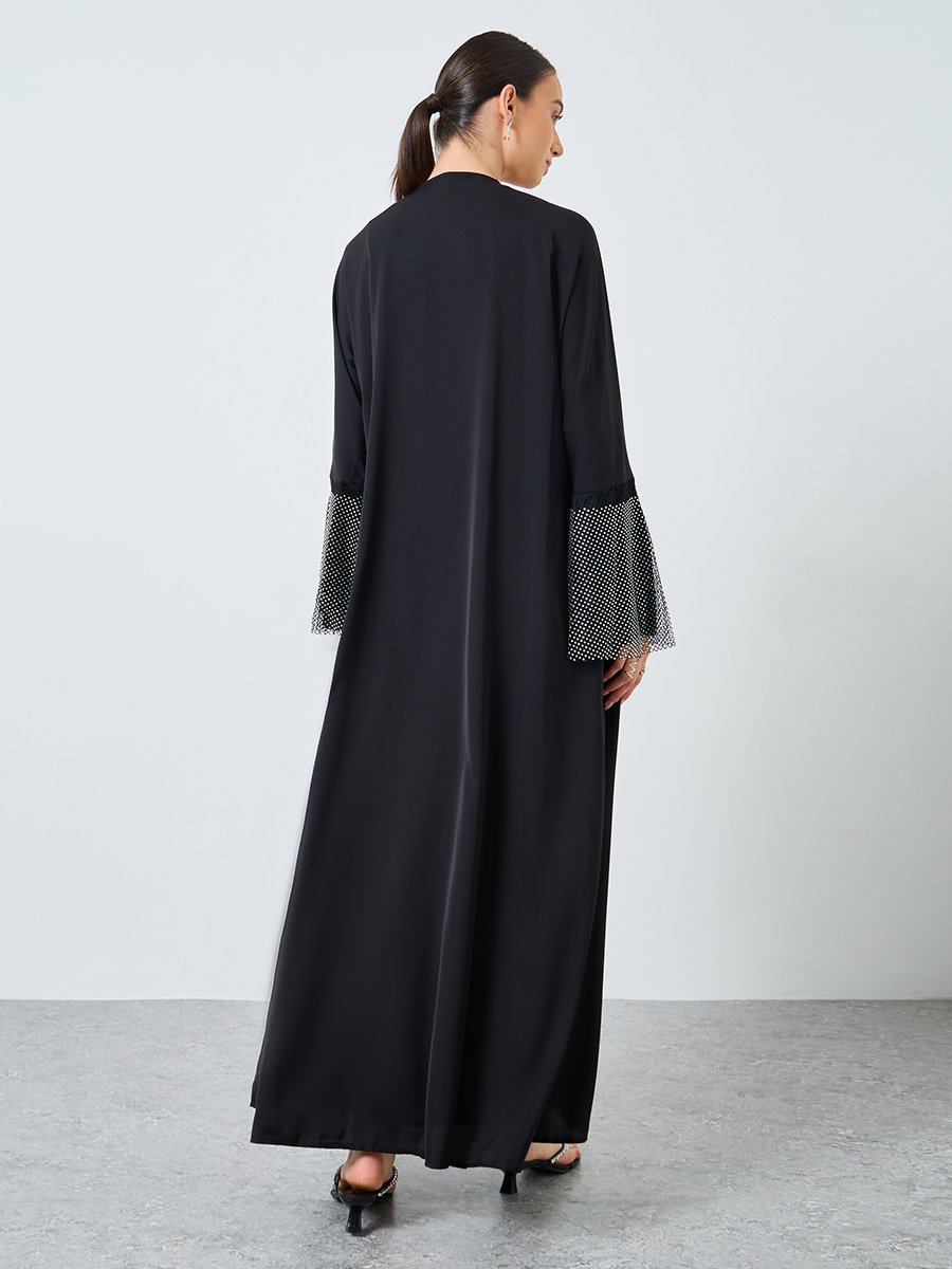 Mesh Insert Sleeve Open Front Abaya