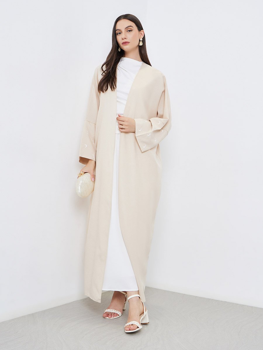 Cream Open Front Embroidered Sleeve Abaya
