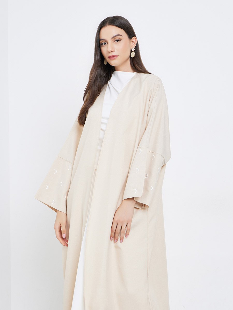 Cream Open Front Embroidered Sleeve Abaya