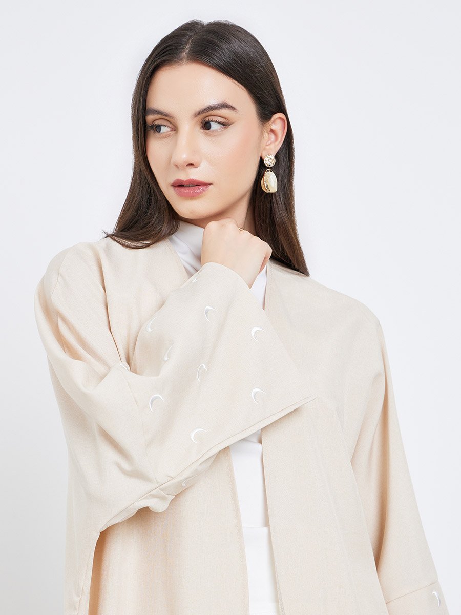 Cream Open Front Embroidered Sleeve Abaya