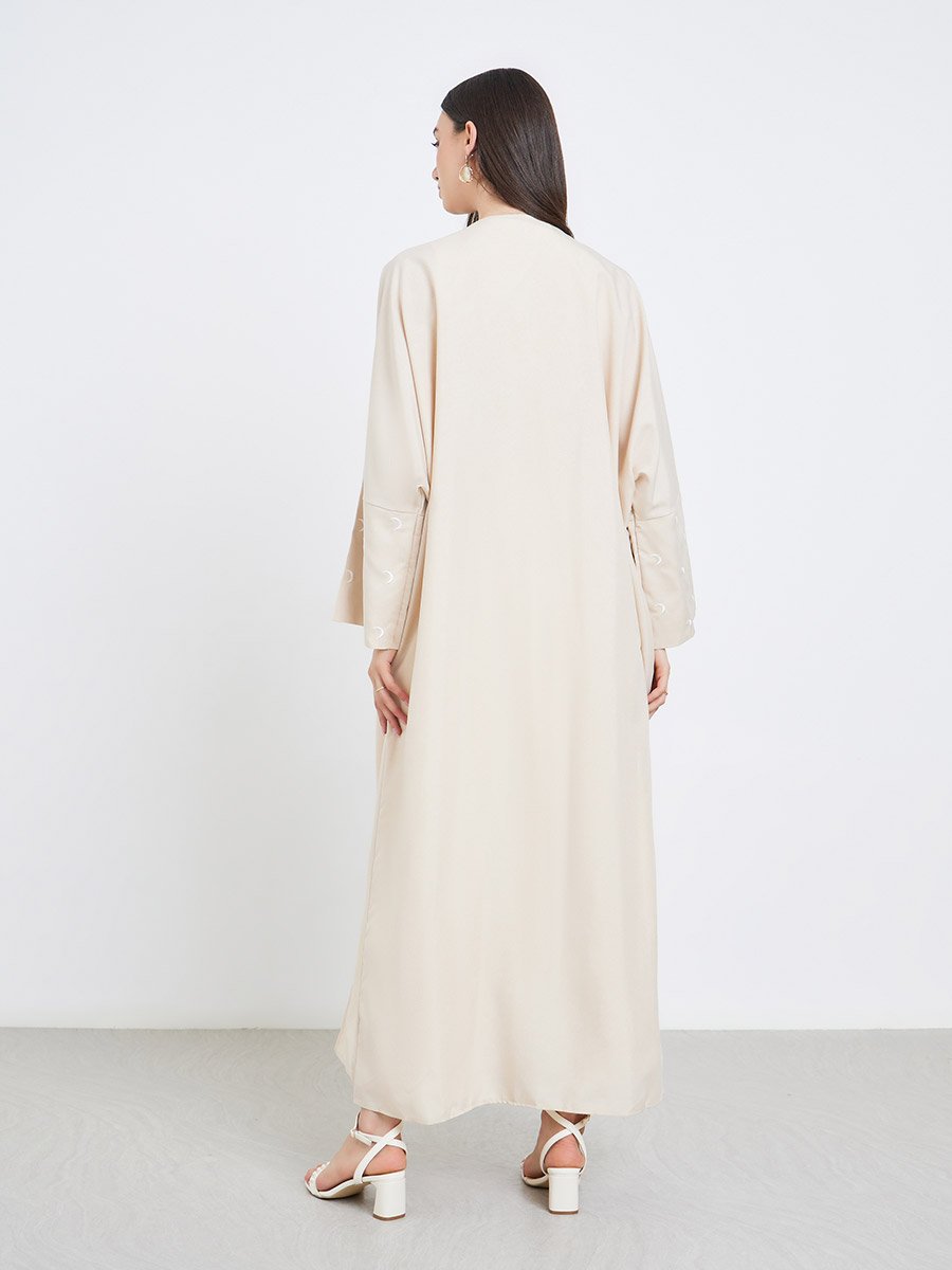 Cream Open Front Embroidered Sleeve Abaya