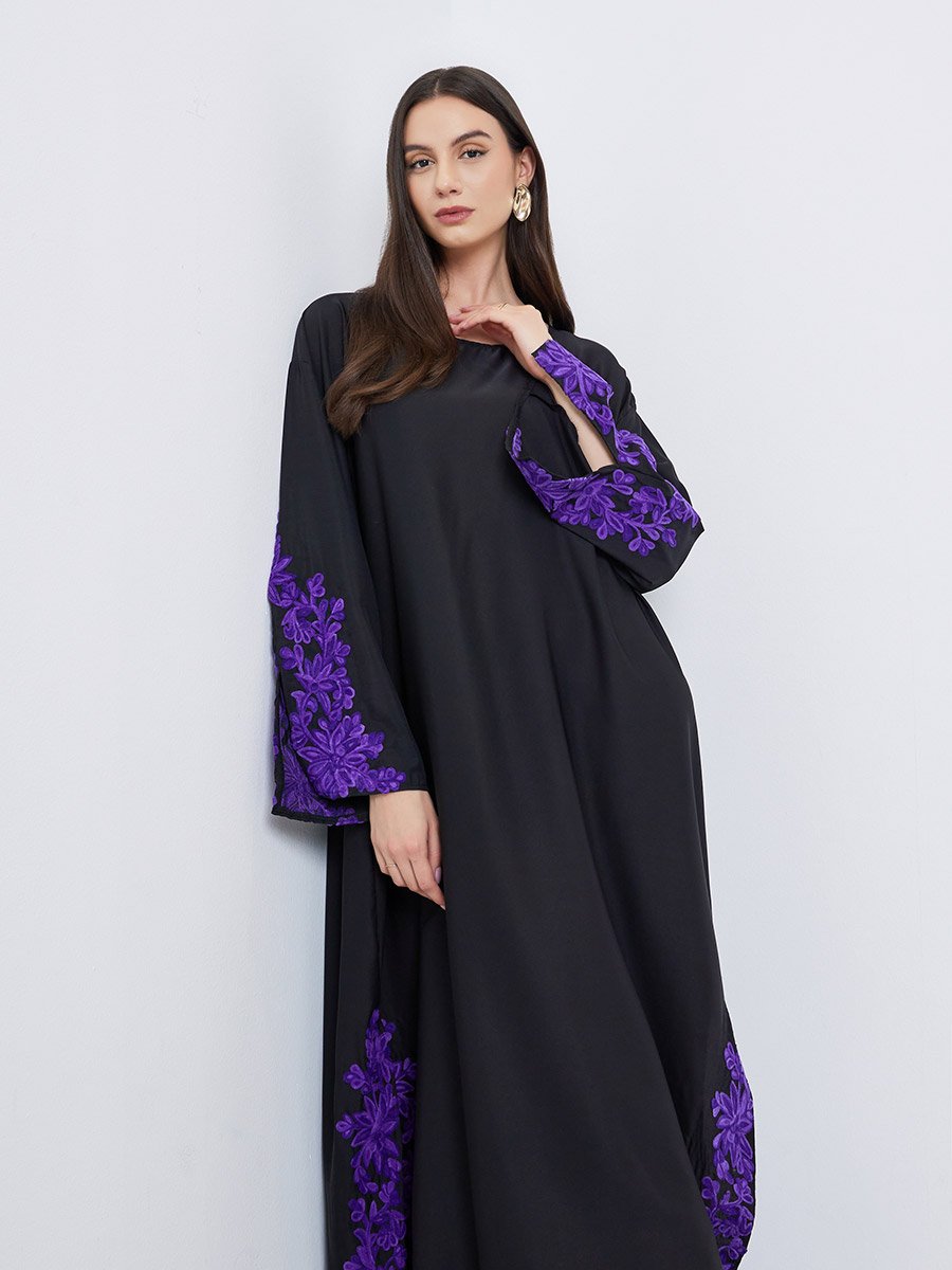 Black Lace Insert A-Line Abaya