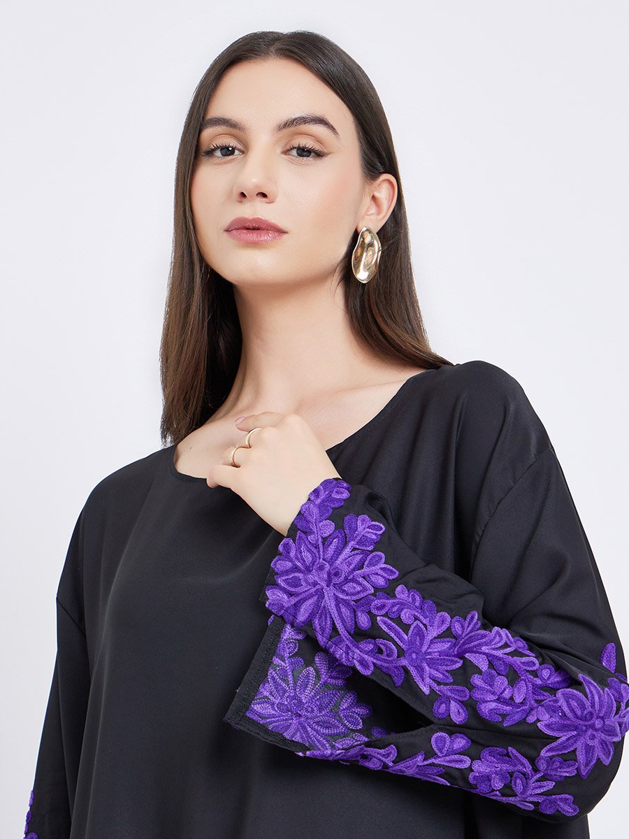 Black Lace Insert A-Line Abaya