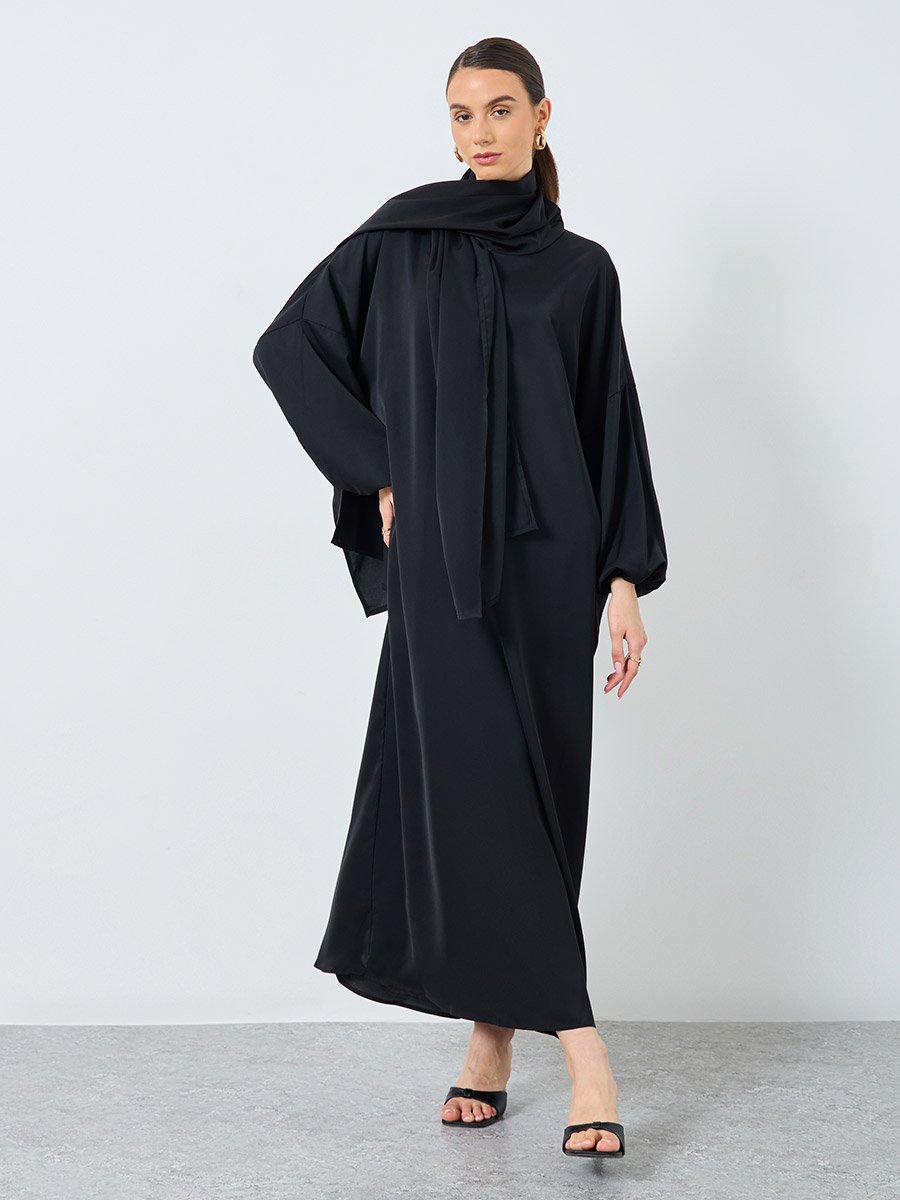 Black Volume Sleeves Abaya with Matching Scarf